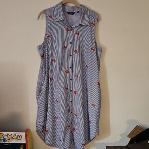 Mlle Gabrielle Blue Striped Midi Dress with Red Floral Accents